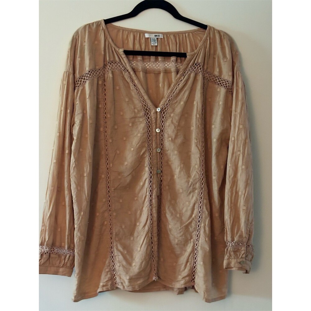 Amuse Blouse Womens UK 8 Beige Lace Trim Button Front Long Sleeve V-Neck
